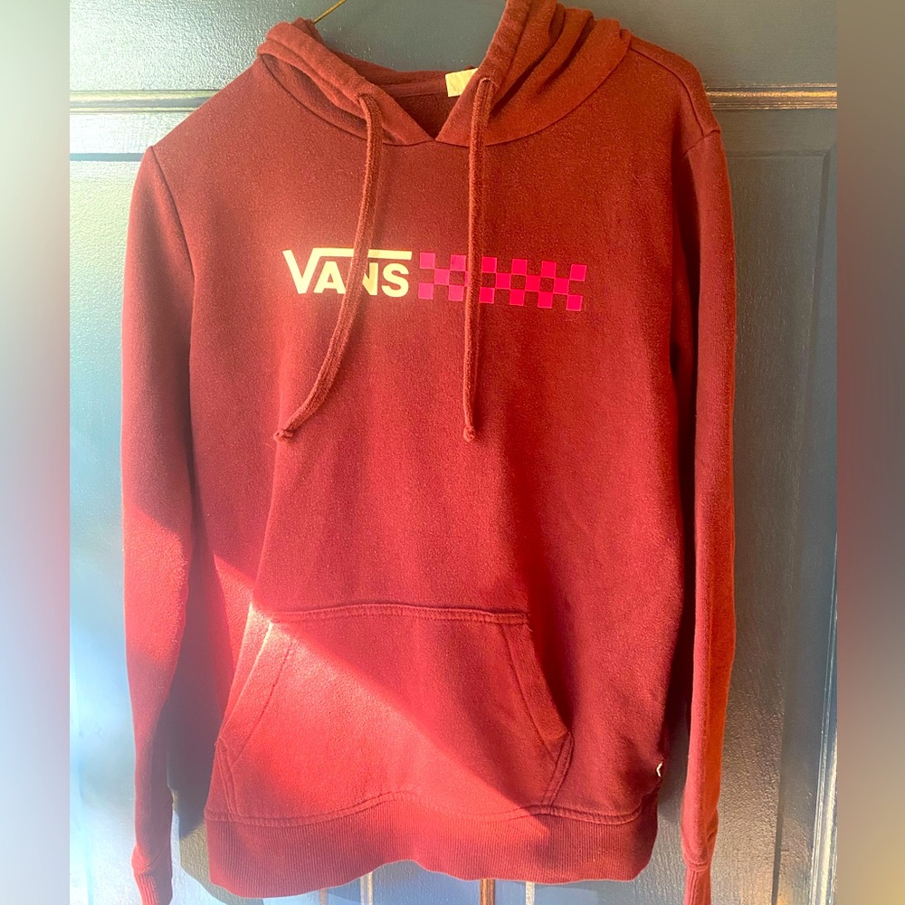 VANS Maroon Logo Pink Checkered Drawstring Hoodie, Size X Small